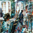 Peinture de yann Bost: "L'atelier" 100 cm x 81 cm